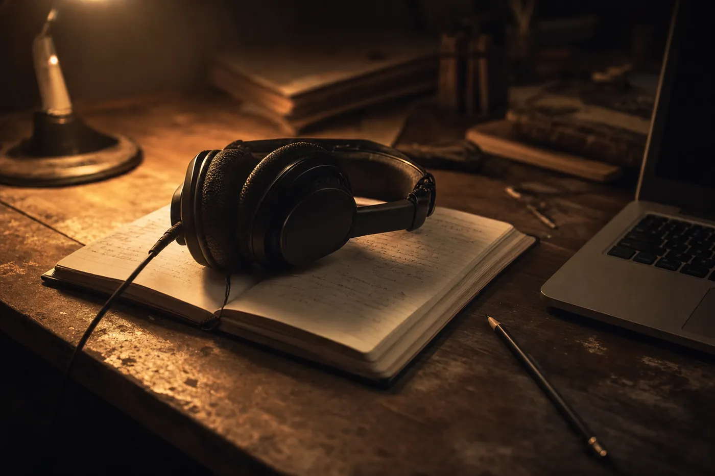 Headphones resting on an open notebook beside a laptop, lit by a warm desk lamp.