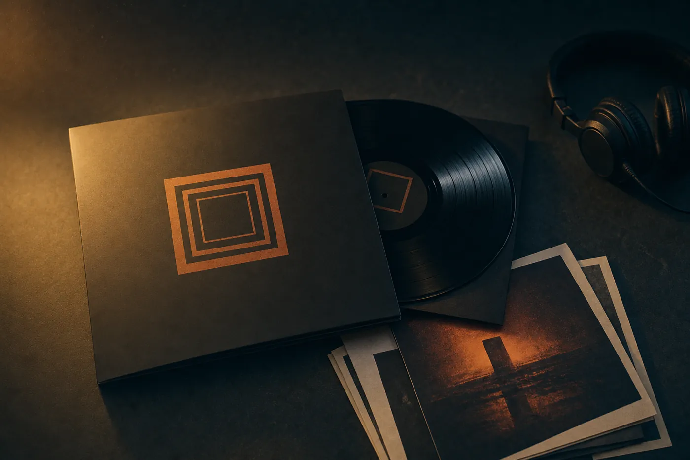 A limited-edition record release with liner-note prints and studio headphones on a dark surface