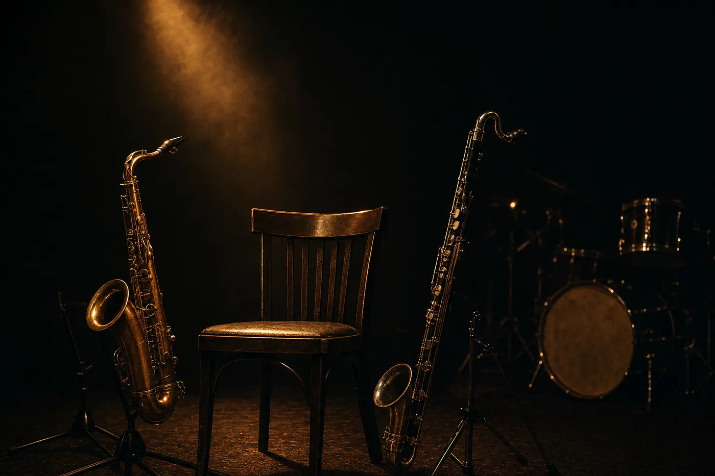 A tenor saxophone and bass clarinet on stands beside an empty chair under a single warm spotlight.