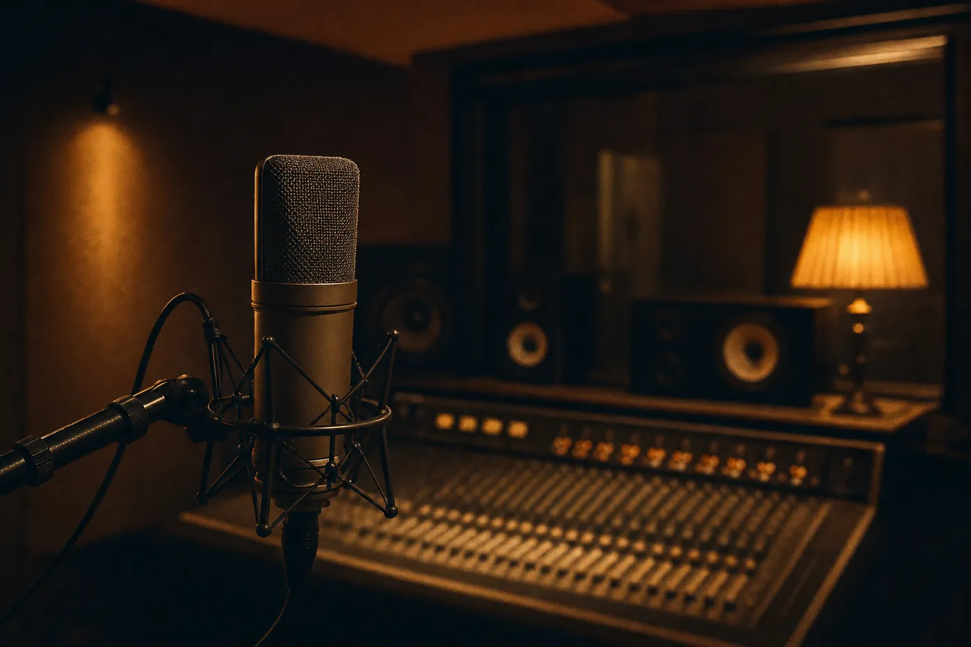 A studio microphone lit by warm lamplight with a mixing console behind it.